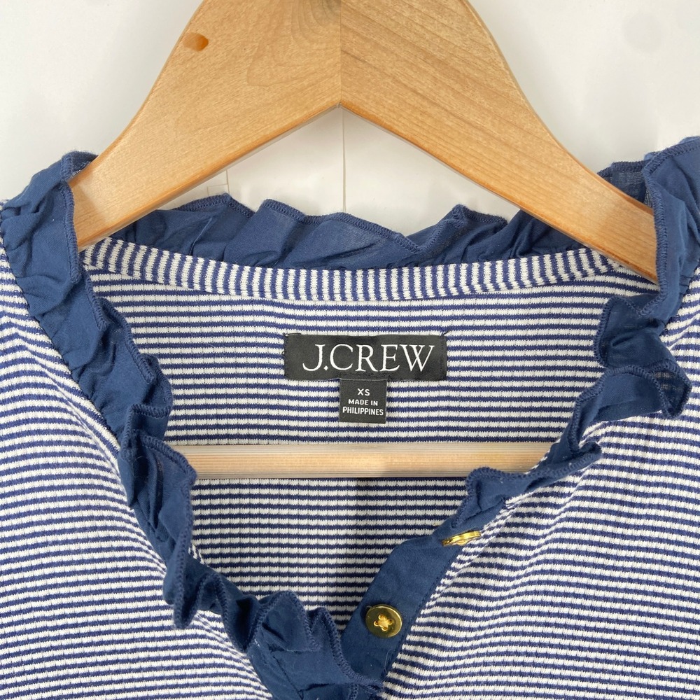 J. Crew XS BP053 Ruffle-collar LS shirt in‎ striped vintage rib Navy White - Picture 3 of 9